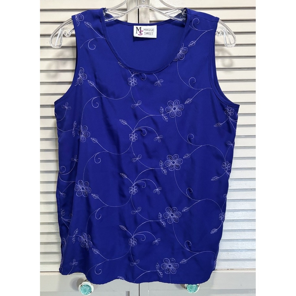 Maggie Sweet Deep Purple Sleeveless Embroidery Flowers Blouse Size M/L